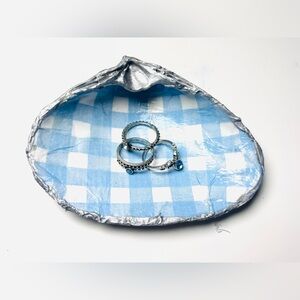 Handcrafted Clam Shell Trinket Dish w/ Blue Gingham Decoupage Design
